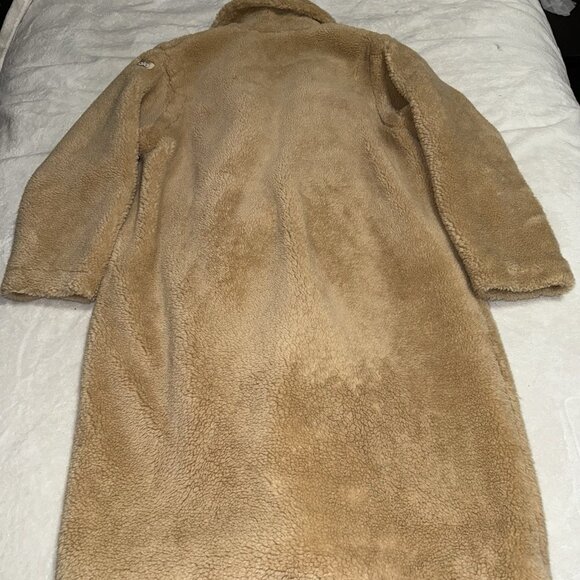 Women’s Alo Faux Fur Trench Coat Brown Camel Sherpa Open Front Size Medium - Picture 7 of 8